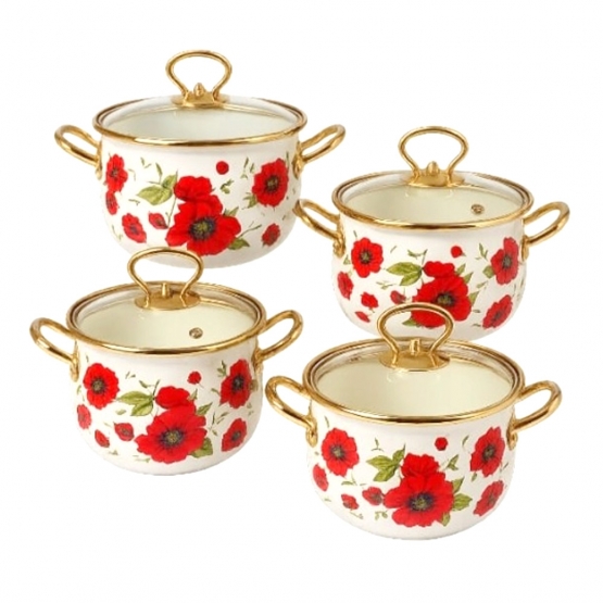 8-dílná sada smaltovaných hrnců červený mák