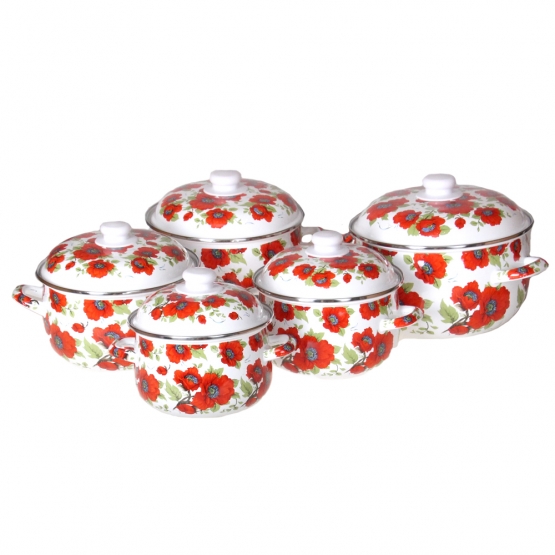 10-dílná sada smaltovaných hrnců červený mák