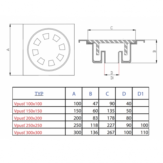 Podlahová vpusť 200x200x115 mm