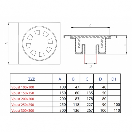 Podlahová vpusť 150x150x60 mm