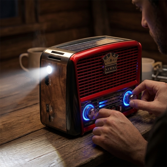 3pásmové solární rádio s Bluetooth hnědo-červené KORUNA