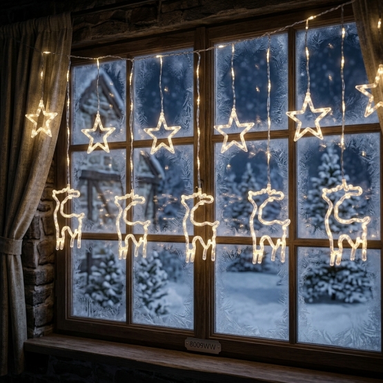 LED vánoční světelný závěs s motivy hvězd a sobů 8009WW