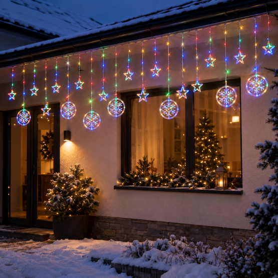 LED vánoční světelný závěs s motivy hvězd a sněhových vloček 8014M