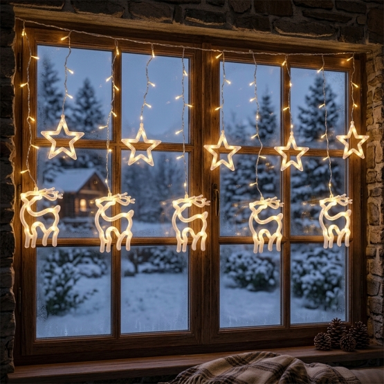 LED vánoční světelný závěs s motivy hvězd a sobů 8019WW