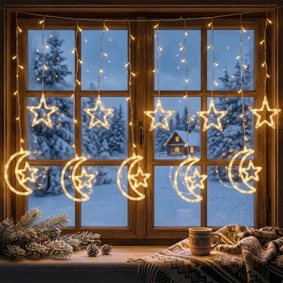 LED vánoční světelný závěs s motivy měsíce a hvězd 8010WW