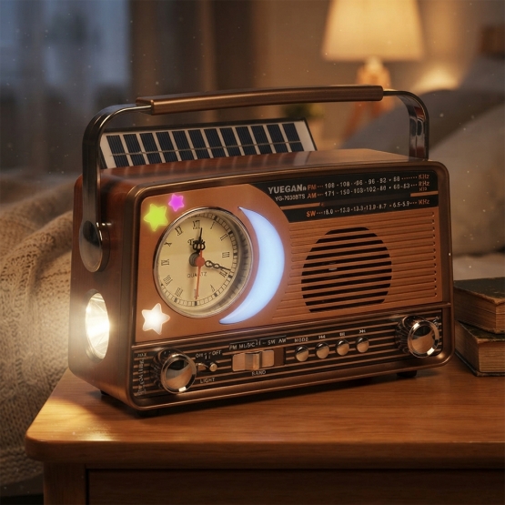 3pásmové solární rádio s hodinami zlaté YG-7030BTS